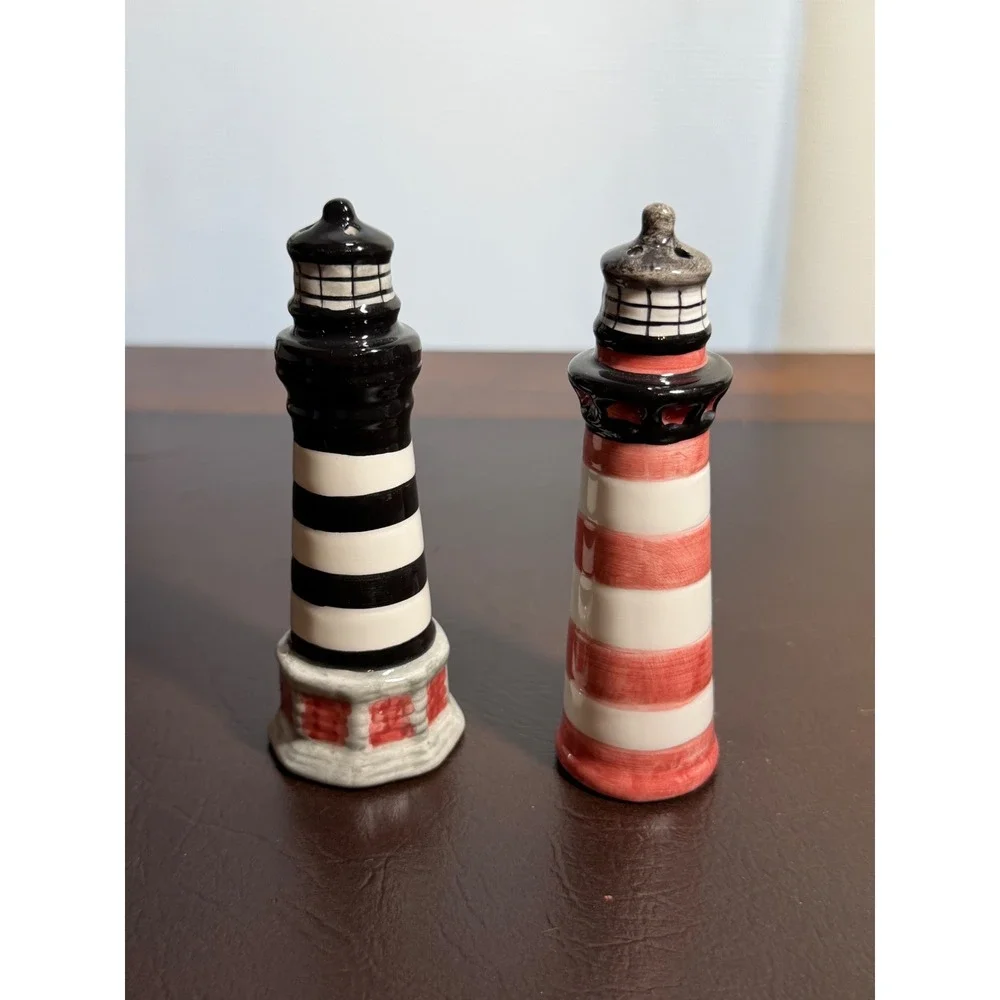 Vintage Lighthouse Salt and Pepper Shakers Ceramic Nautical Beach Decor Set